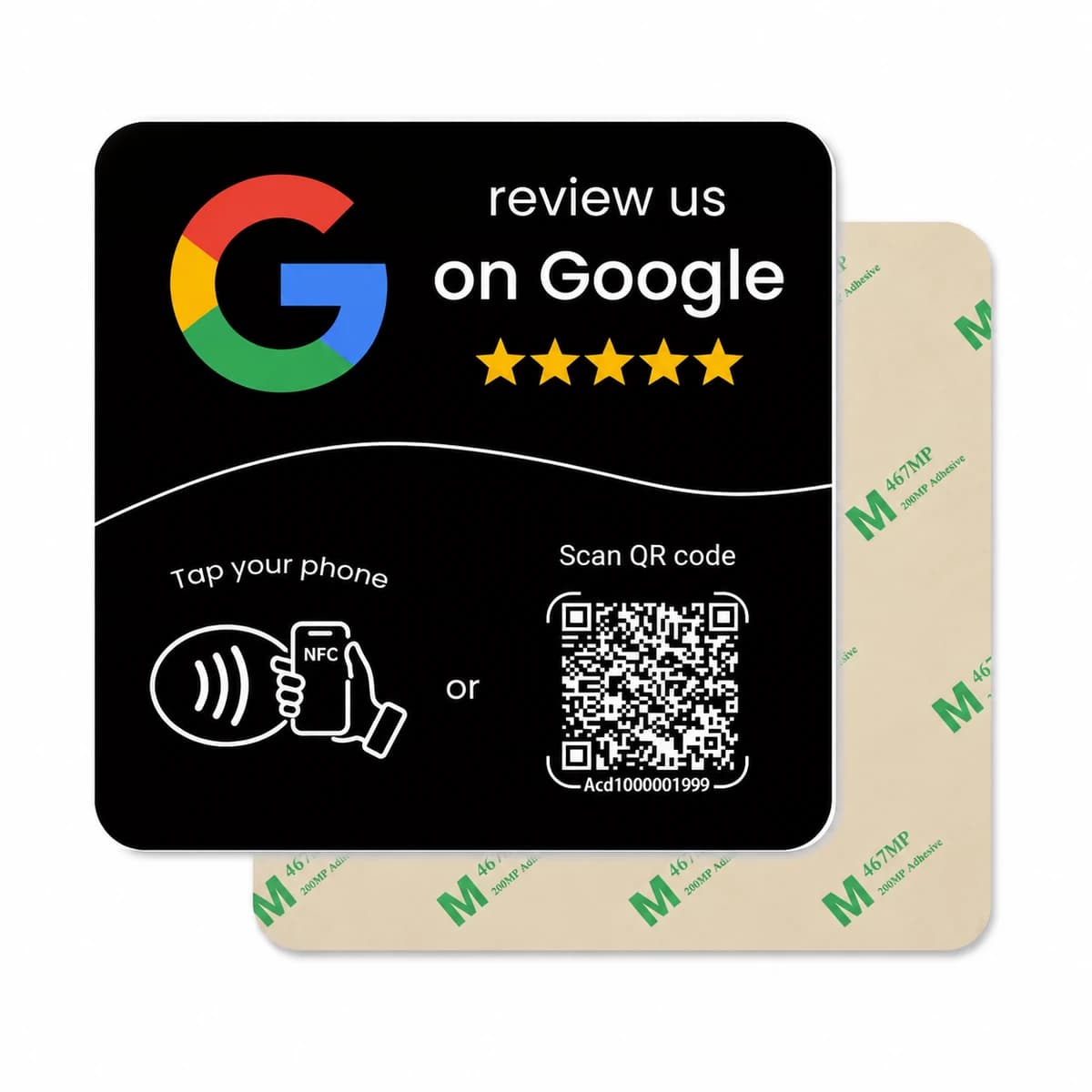 Svart Google-recensionskort med NFC-symbol, QR-kod och självhäftande baksida.