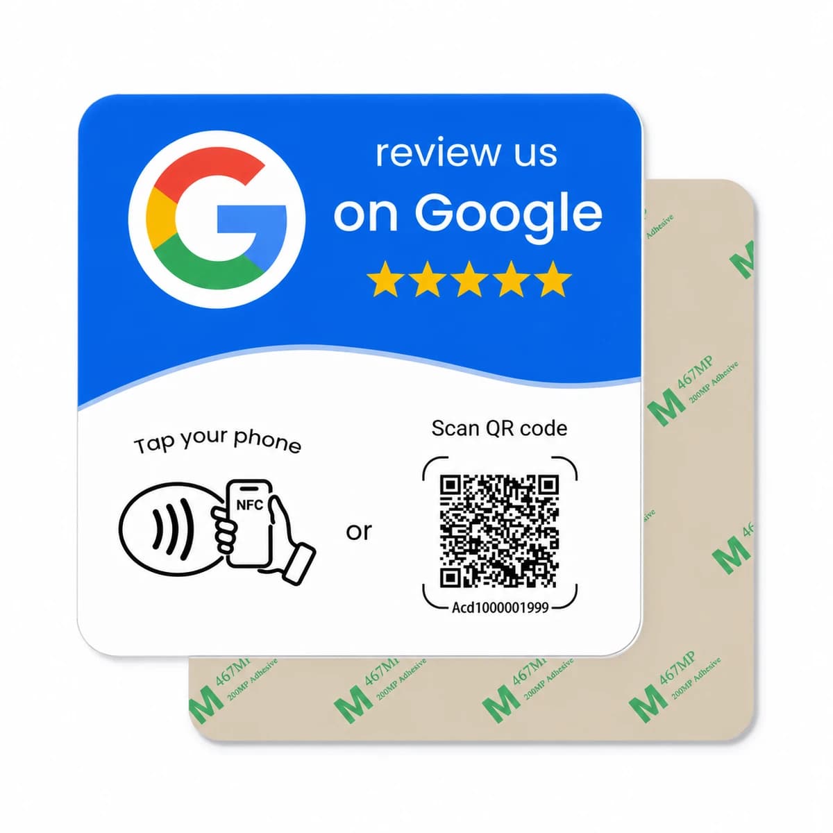 Vitt Google-recensionskort med blått tryck, NFC, QR-kod och självhäftande baksida.