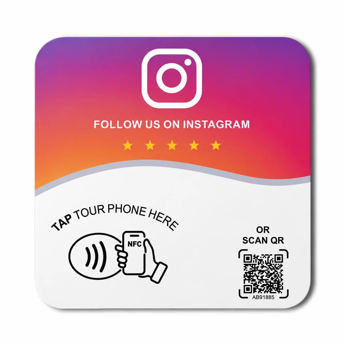 Instagram-kort med lila, rosa och orange färgtoning, NFC-symbol och QR-kod.